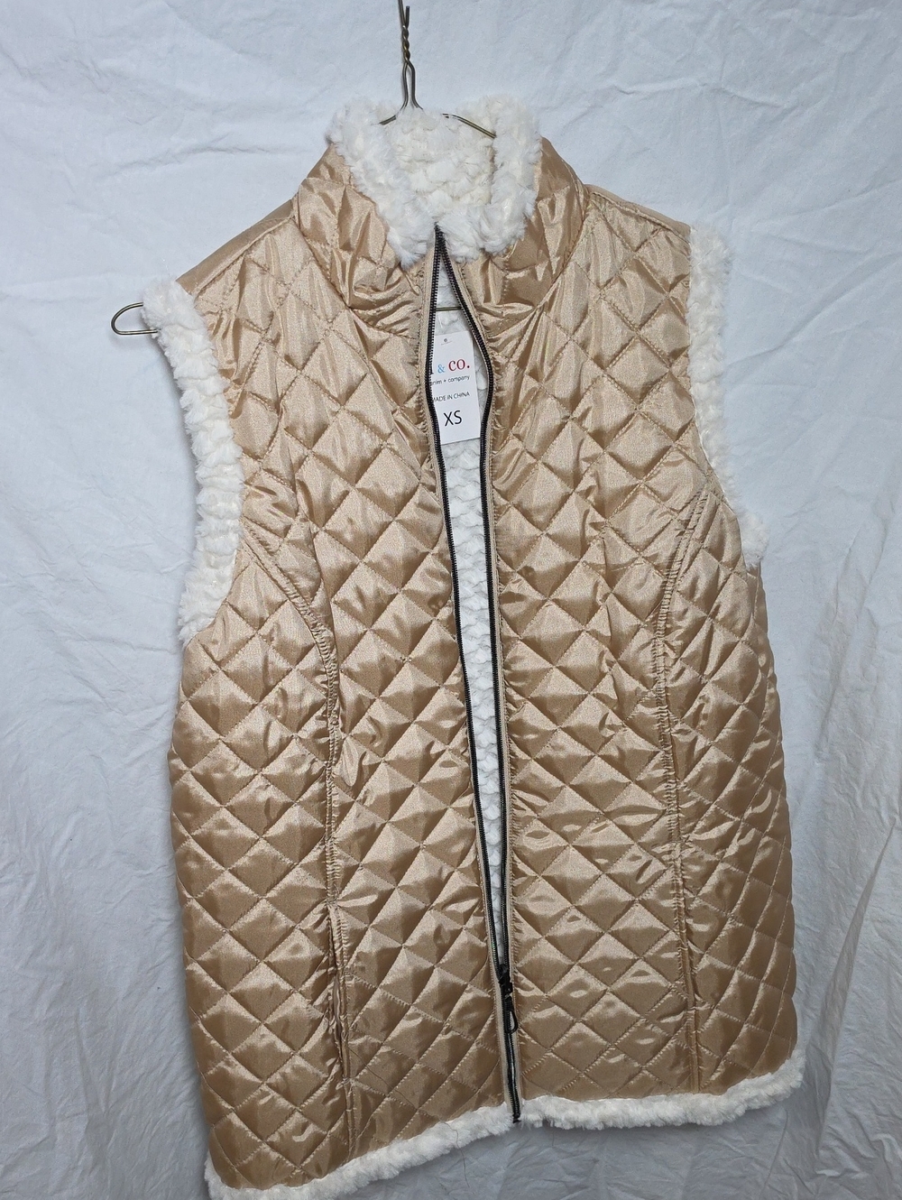Quilted Sleeveless Vest with Faux Shearling Trim - Taupe